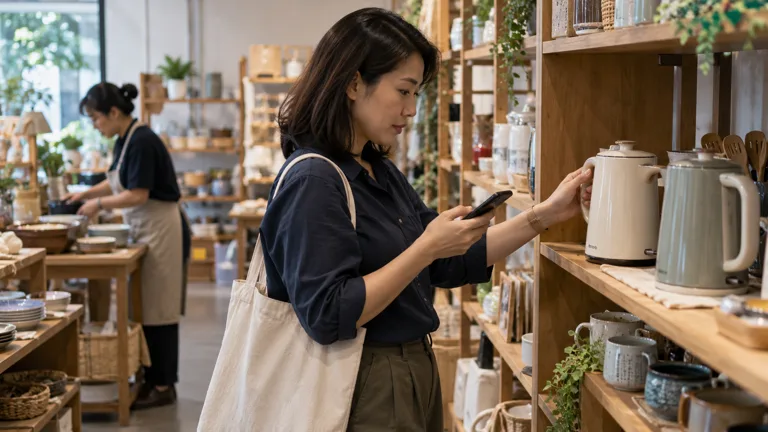 A shopper checks her phone while comparing products in a homeware shop. AI-generated editorial image.