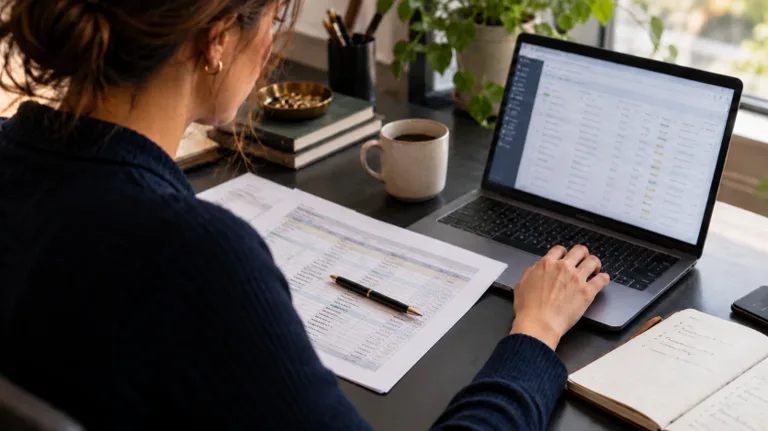 Woman reviewing customer information beside a laptop, with a pen resting on printed spreadsheets.