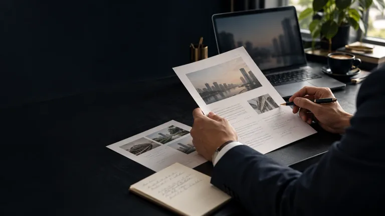 Salesperson reviewing customer research and enquiry information beside a laptop.