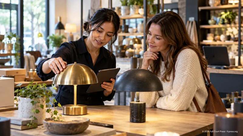 AI-generated illustrative scene of a retail adviser helping a shopper compare products.