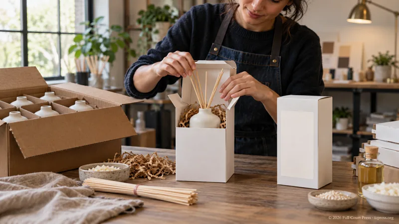 AI-generated illustrative scene of a trade supplier preparing a consumer-ready product package.