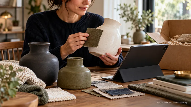 AI-generated illustrative scene of a shopper comparing ceramic products and material swatches.