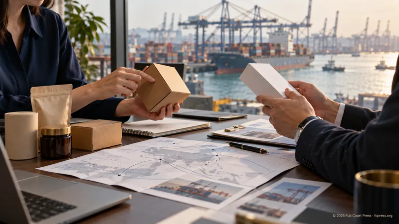 AI-generated illustrative scene of market-entry planning with packaging samples beside a shipping harbour.