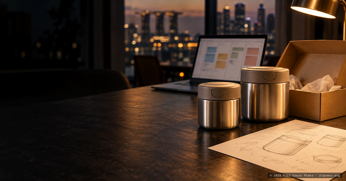 Illustrative image for the simulated lunch-container brief: two stainless-steel containers, a sample box and a sketched product brief on a desk at dusk, with a blurred task board on a laptop.