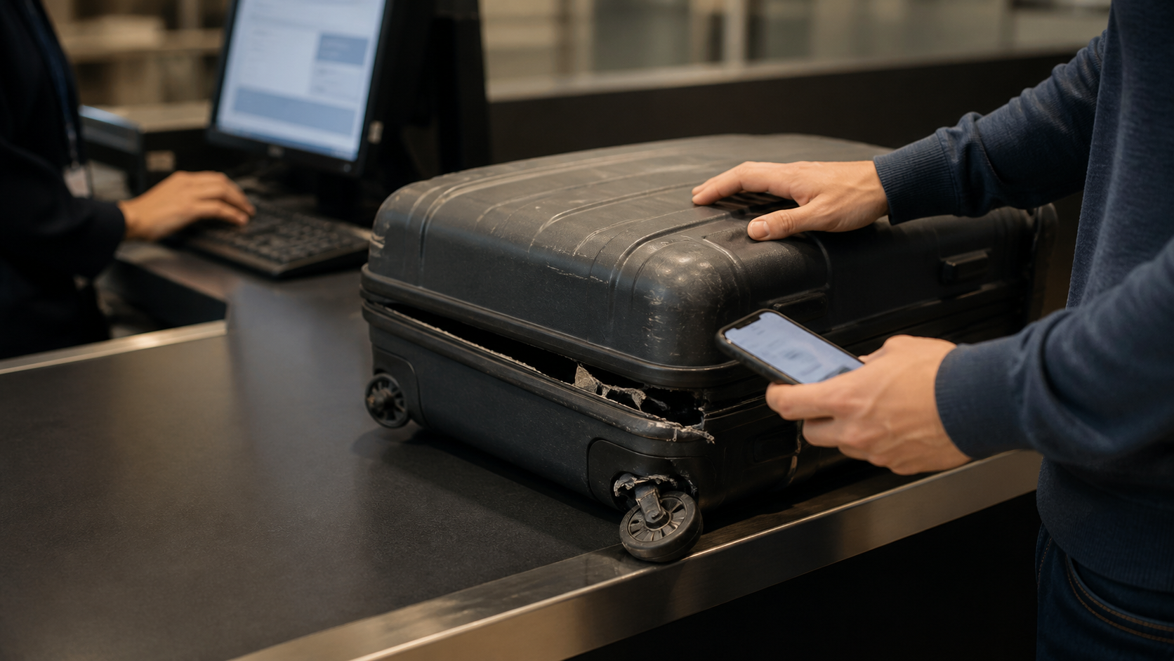 Damaged suitcase at an airport service counter while a customer uses a phone and a service employee works at a computer
