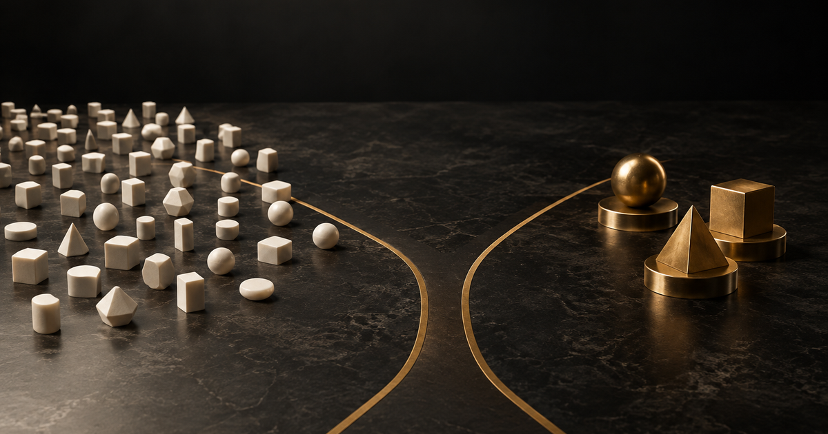 Two campaign paths on an executive desk: one spreads across many activity signals while the other narrows toward weighted customer-value outcomes.