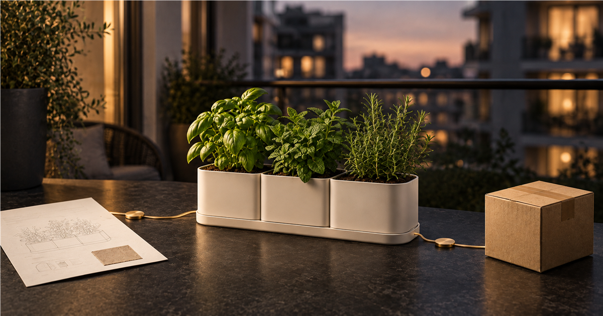 A modular balcony herb-growing kit, product brief and parcel arranged as an SME route from product concept to sale.