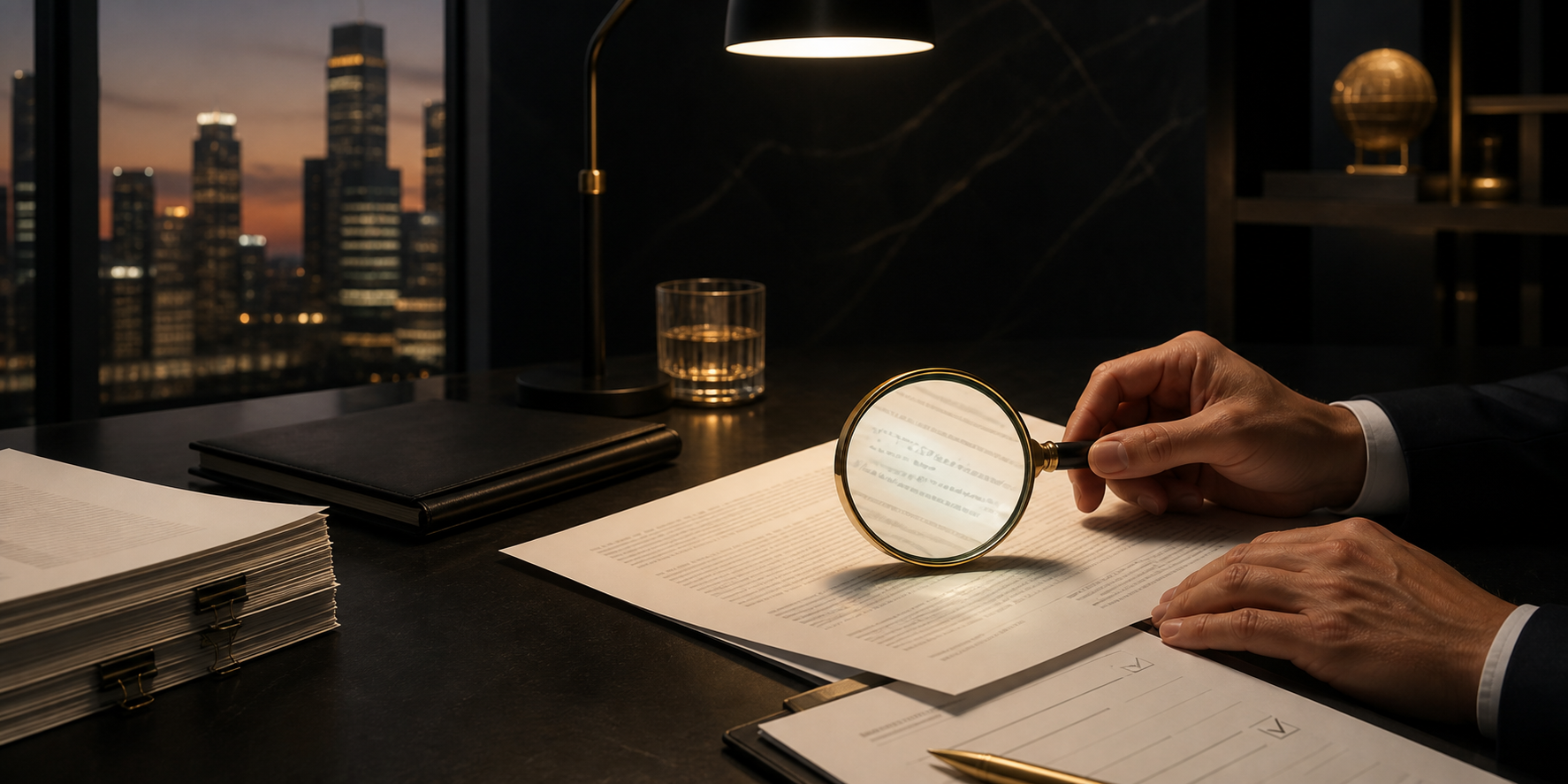 Senior commercial leader inspects a printed article and its supporting evidence with a magnifying glass at a dark editorial desk