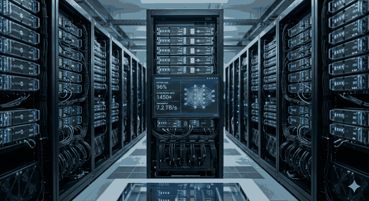 Server corridor and AI monitoring screens representing agentic workflow infrastructure