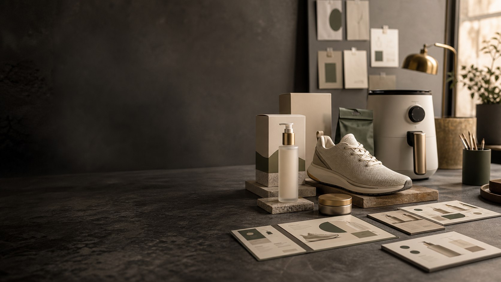 Unbranded ecommerce products arranged on a distributed digital merchandising worktable