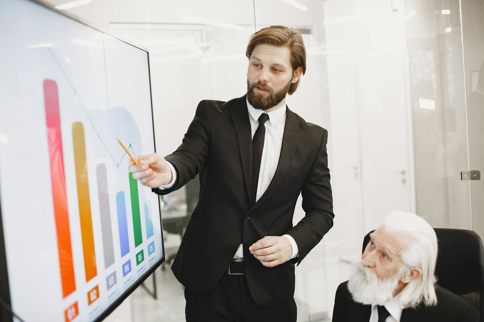 Business meeting with graphs and performance trends