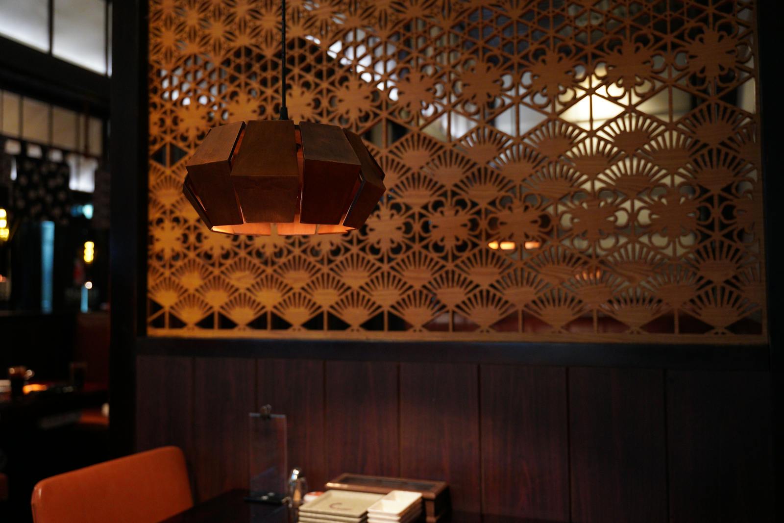 Elegant empty restaurant dining room in warm evening light
