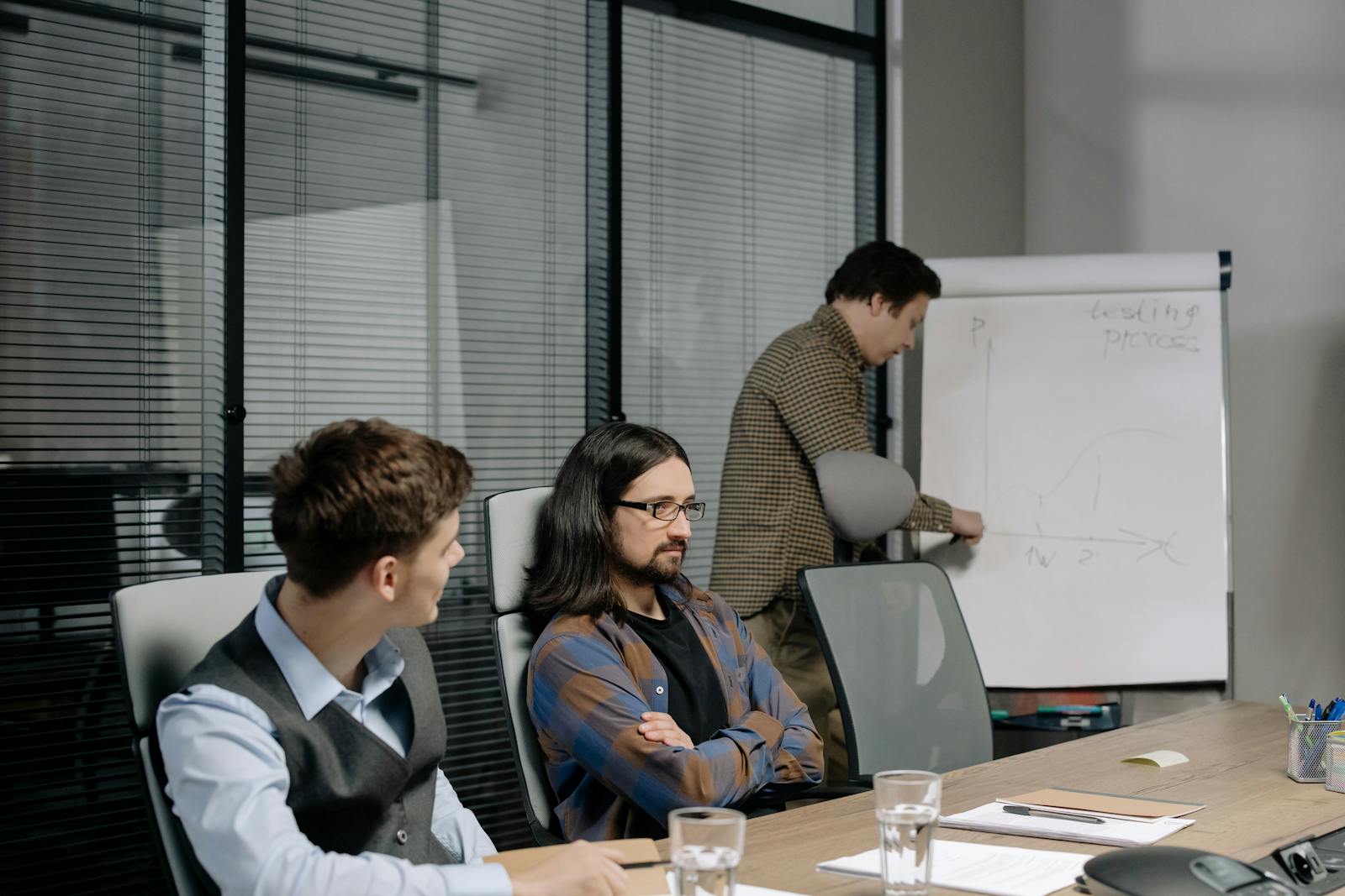 Team reviewing pipeline data on a whiteboard, representing commercial system diagnosis